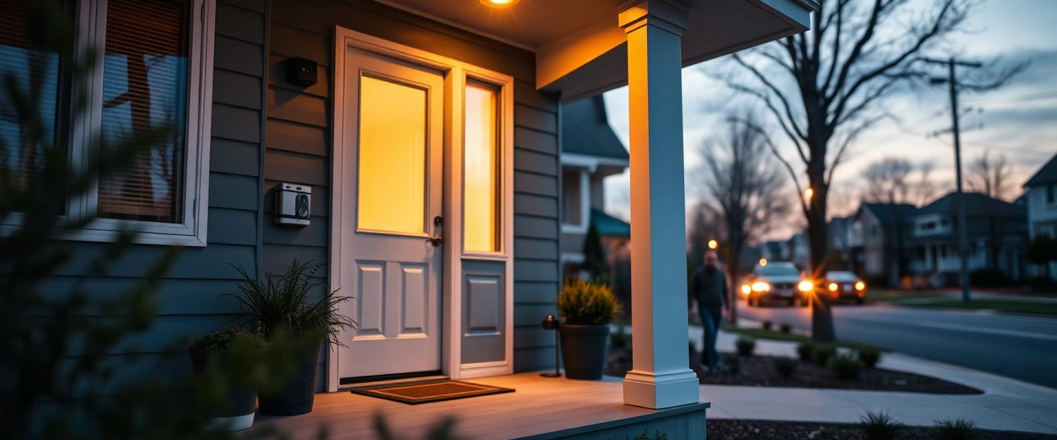 Front porch at dusk with a video doorbell watching the street